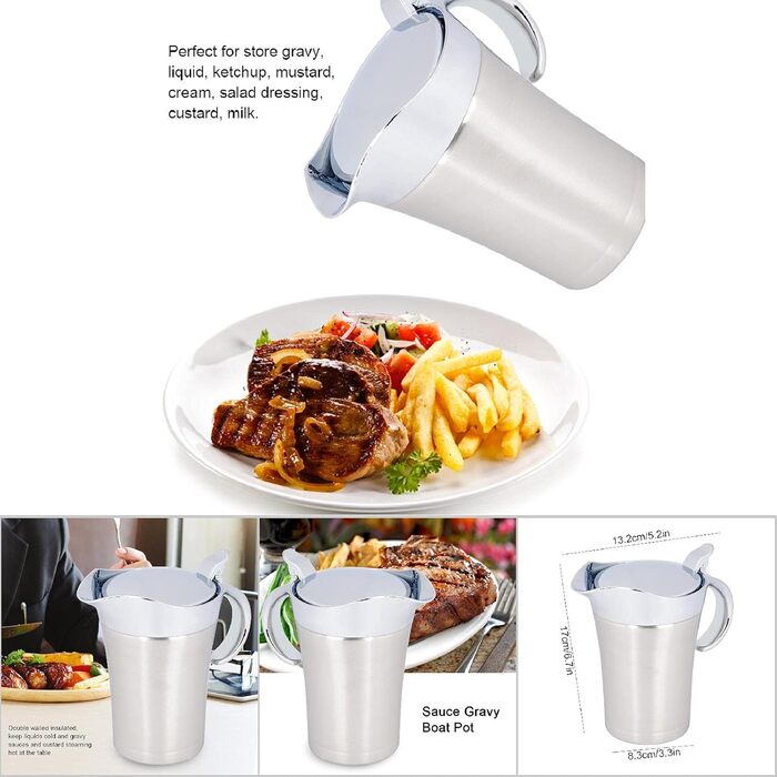 Thermo Sauce Pot made of 304 Stainless Steel, Double-Walled, Insulated Sauce Pot with Lid, Serving Jug, Bucket with Drip-Free Spout for Juice, Tomato Sauce, Kitchen Accessories (Large 750ml)