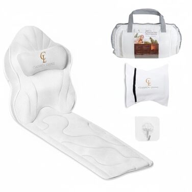 Подушка для ванни для всього тіла 126x41 см з підголовником, підтримкою для шиї, спини та ніг. Біла, тепла біла. У комплекті: мішок для прання/подорожі та гачок для сушіння.