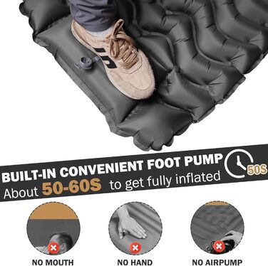 Надувний матрац Isomatte 12 см для кемпінгу з насосом та подушкою, сірий. Матрац для подорожей, пляжу, туризму, антирозривний, портативний