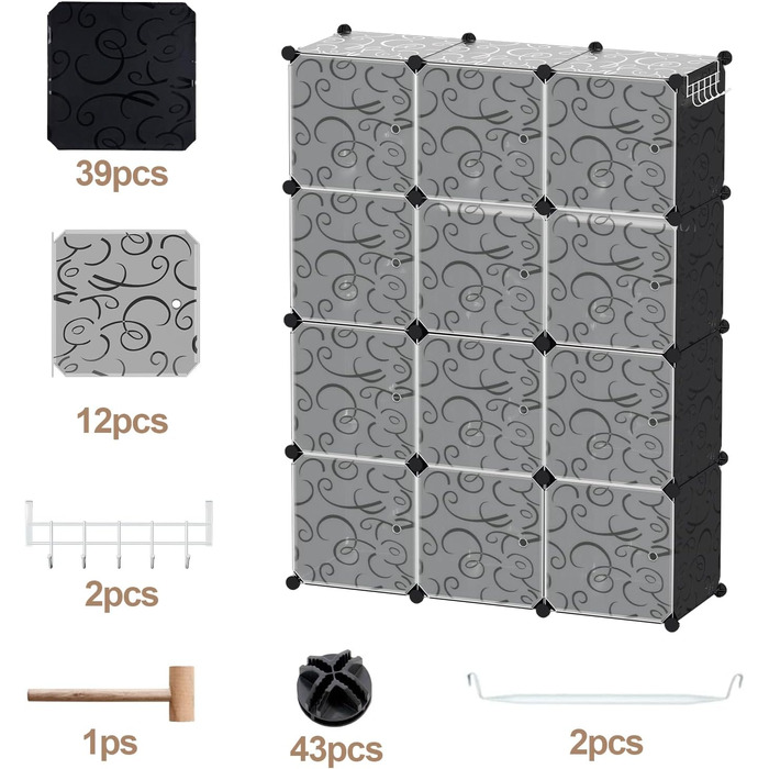 DIY Closet Shelf System, 16 Cubes Wardrobe Closet, Open Wardrobe, Plastic Wardrobe with Doors, Wardrobe Cabinet, Black, 180 x 142 x 37CM (Black 12 Cubes with Clothes Hooks)
