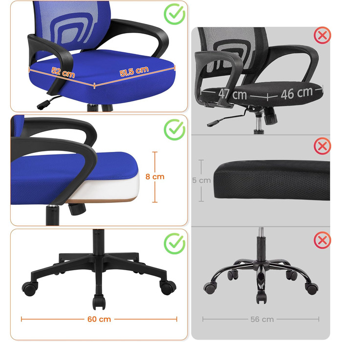 Офісний стіл Yaheetech з ергономічною спинкою з сітки, регульованою висотою та підлокітниками, поворотний крісло для начальника, витримує до 136 кг, блакитний