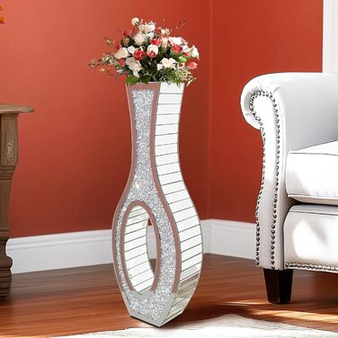 Ваза для квітів напольна 68 см, срібна ваза з кристалом для пампас трави, скляна ваза з дзеркальними діамантами, декоративна розкішна блискуча ваза для вітальні, декор інтер'єру – не для води (13L x 12.5B x 76.5H cm)