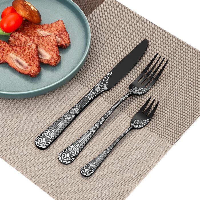 Black Cutlery Set for 6 People, HONKKU 36-Piece Stainless Steel Cutlery Set with Steak Knives, Eating Utensil Set Mirror Polished with Floral Patterns, Fork Spoon Knife Set Dishwasher Safe