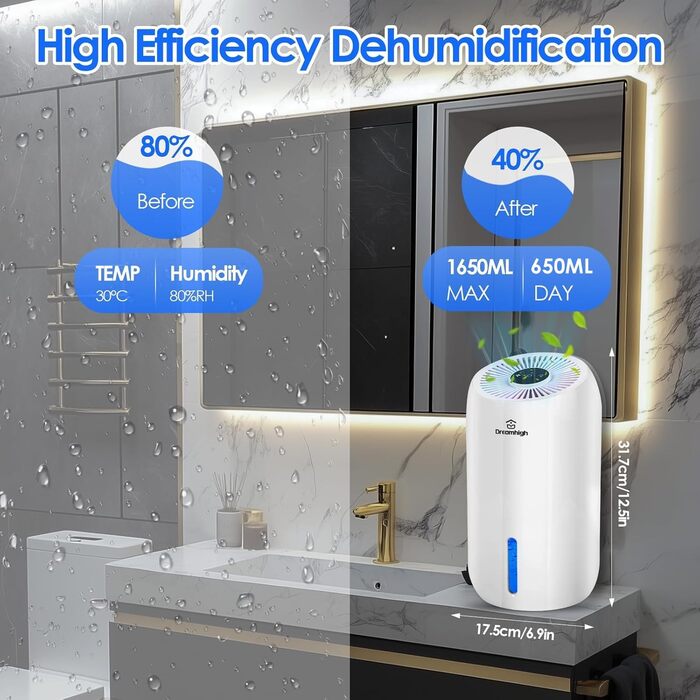 Електричний осушувач повітря Dreamhigh® 1.6L для ванної, підвалу, спальні (35 м²)