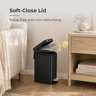 Смітник для ванної кімнати чорний, 5 л, педальний з кришкою Soft-Close та виймаючим внутрішнім відром, компактний для кухні та спальні