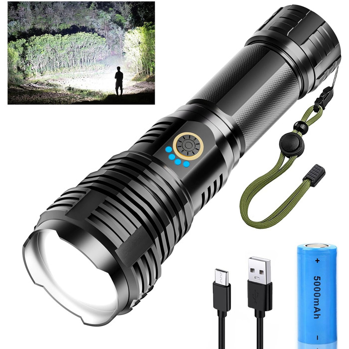 Ліхтарик Glarylight LED акумуляторний 500000 люмен, надяскравий XHP70.2, USB зарядка, водонепроникний IPX7, зум, для вулиці та екстрених ситуацій