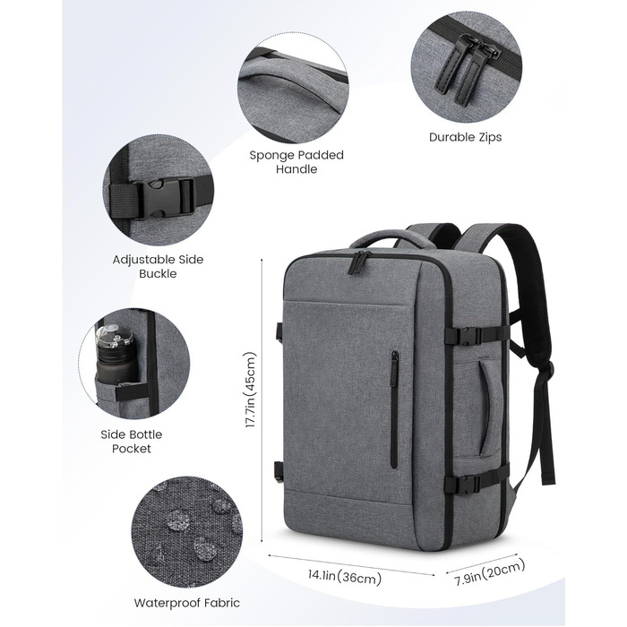 Рюкзак LOVEVOOK для ручної поклажі 45x36x20 см, 30L, сірий - для ноутбука 15.6