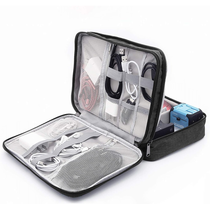Водонепроникна сумка-органайзер для кабелів та електроніки Ruyosn. Двошарова сумка для кабелів, повербанку та аксесуарів. Чорний колір.