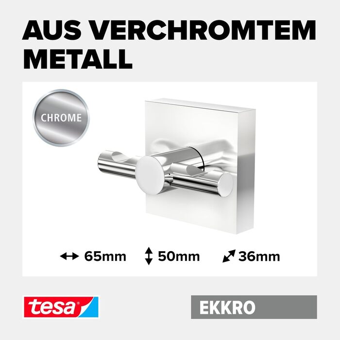 tesa EKKRO Towel Hook, Chrome-plated Stainless Steel - Bathroom Hook for Wall Mounting without Drilling, including Adhesive Solution - 50mm x 50mm x 63mm