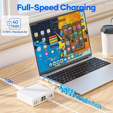 Зарядний пристрій USB-C багатопортовий 8 портів 200W GAN YSYFAD з LED індикатором, PD PPS Type-C, QC3.0, швидка зарядка для iPhone, iPad, MacBook, ноутбуків, білий