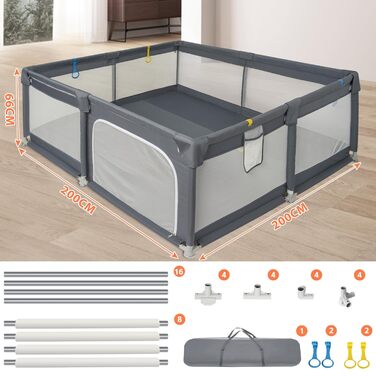 Дитячий манеж IBVIVIC 200x200 см, темно-сірий, з дихаючою сіткою та нековзкою основою, огорожа для немовлят і малюків, 300D Оксфорд