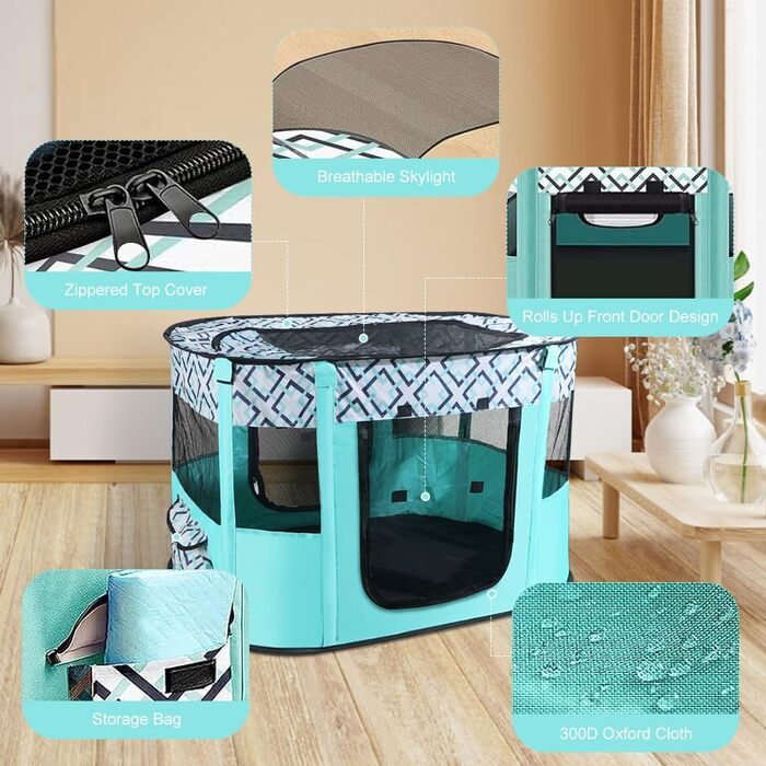 Клітка-забіг для цуценят та собак, складана, 70x55x40 см, зелена в клітинку