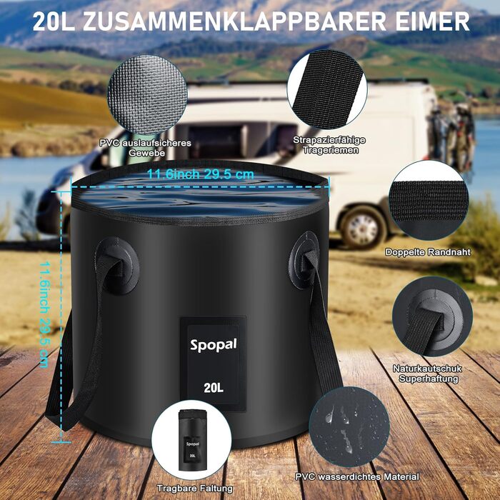 Портативна кемпінгова душ Spopal з акумулятором 6000mAh, 20л, з набором: душ, шланг 2м, для кемпінгу, відпочинку, автомийки, тварин