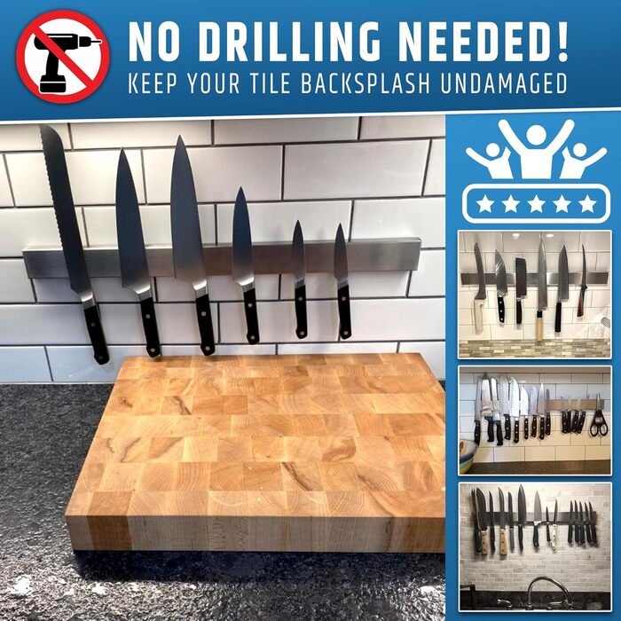Strong Adhesive (No Drilling) Magnetic Knife Holder for Wall – Professional 24 Inch Knife Strip – No Screws Required – Self-Adhesive Backing – Stainless Steel Knife Rail