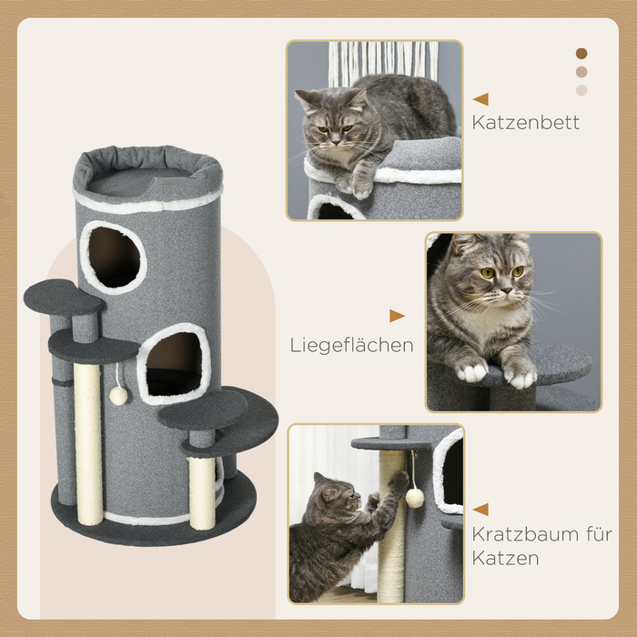 PawHut Кігтеточка для котів 99 см Іграшкова кігтеточка з ліжком для котів, іграшковим м'ячиком та платформами, меблі для котів, сіра | Aosom
