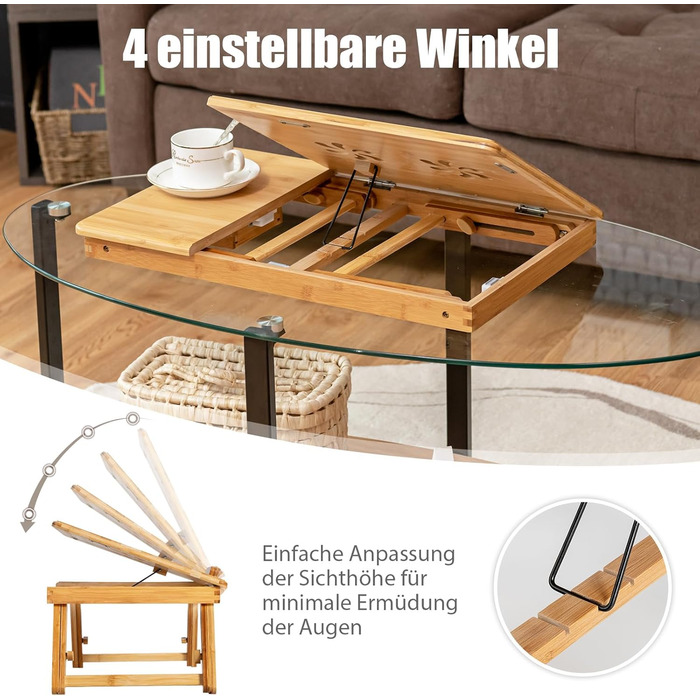 Столик для ноутбука COSTWAY з бамбука, регульований по висоті та куту нахилу, з вентиляцією, з ящиком, складний, для роботи та відпочинку, 53 x 33 x 20-26,5 см (натуральний бамбук)