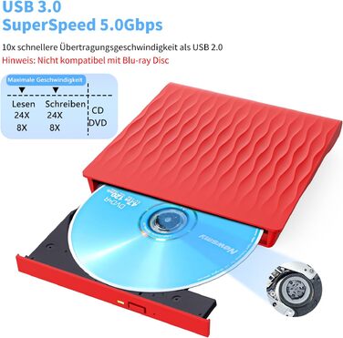Зовнішній DVD CD привід USB 3.0 та Type-C, записувач CD/DVD +/-RW для ноутбука та ПК, сумісний з Windows, MacOS, Linux (червоний)
