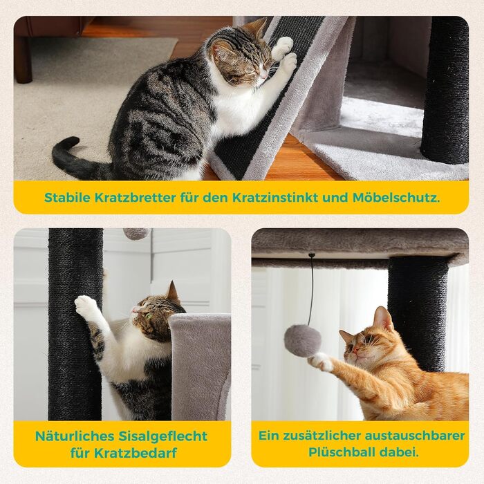 Котячий будиночок Petpela з сизалевим мотузком: кігтеточка, ліжко, печера, іграшки для котів (сірий, 113 см)