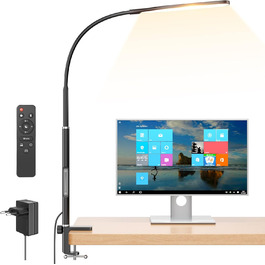 LED лампа для столу з кріпленням, регульоване затемнення, архітектурна лампа, лампа для офісу з регульованим кріпленням, пульт дистанційного керування, 4 колірні температури, чорний