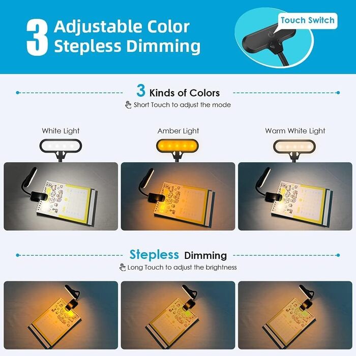 LED кріпильна лампа OUSFOT для читання з 3 рівнями яскравості, USB, 9 LED, гнучка на 360°, для книги, офісу, ліжка, нотного ставу, 3 колірні температури