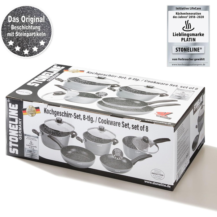 STONELINE Cookware Set Induction, 8-piece cookware set with lids, saucepan set coated with real stone particles, aluminum cast cookware and frying pans suitable for all types of cooktops