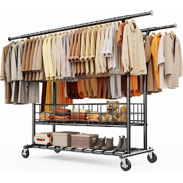 Підставка для одягу HOKEEPER на коліщатках, важка, з подвійною перекладиною, до 283 кг, D004K