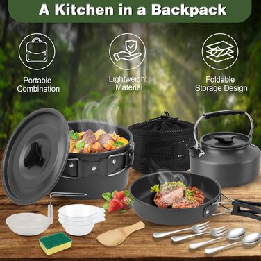 Набір кухонного посуду для кемпінгу: 15 предметів, чорний. Ідеально для пікніків, походів та кемпінгу. Включає казанок, сковорідку, чайник та інше.