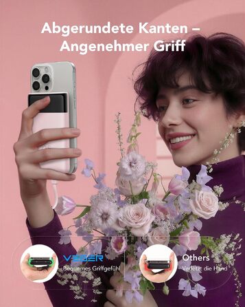 Повербанк VEGER 10000mAh 22.5W з вбудованим кабелем USB-C, рожевий