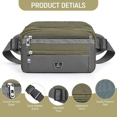 Поясна сумка на пояс для чоловіків та жінок з 7 кишенями на блискавці. Ідеальна для спорту, фітнесу, бігу, велоспорту, подорожей та кемпінгу. Зелений колір.