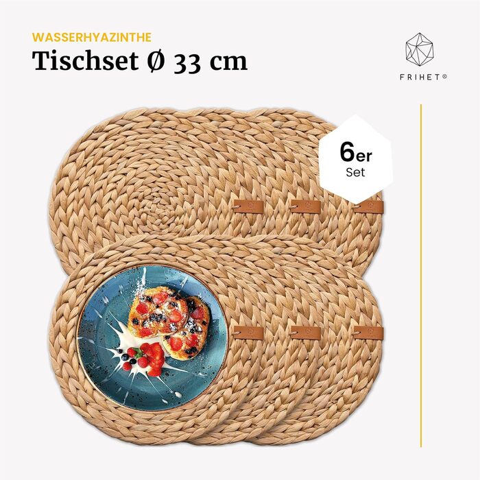 FRIHET® Table Placemats Oslo Set Round Water Hyacinth Natural - (6, 33cm)