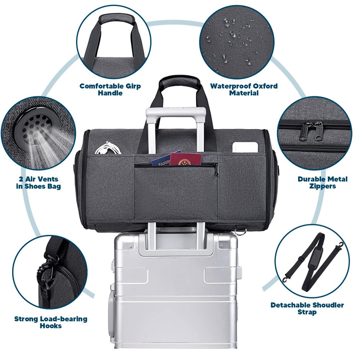 Suit bag, garment bag, travel duffel bag for suits, convertible garment duffel bag for men and women, 4 in 1 suit bag hanging bag with shoe bag