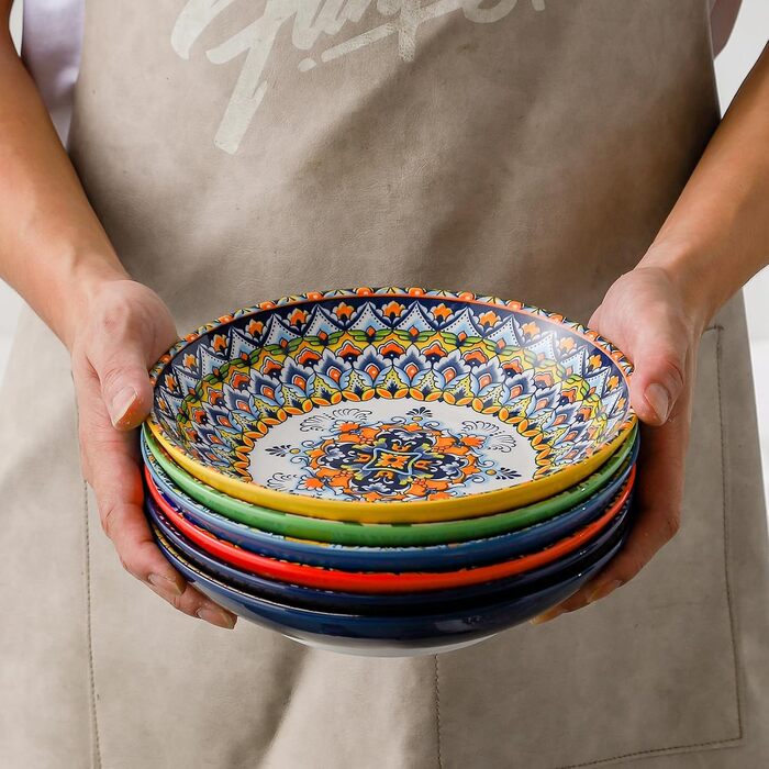 HENXFEN Набір супових тарілок з порцеляни, 700мл, 6 шт. Яскраві тарілки для супу, пасти, салату, фруктів - Богемний стиль