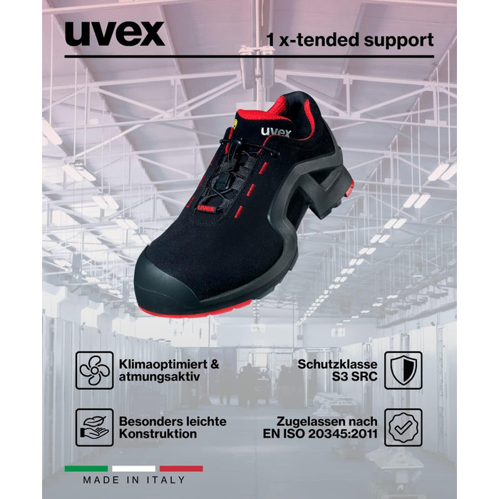 Черевики Uvex 1 X-Tended Support - робочі, S3, для жінок та чоловіків, червоно-чорні, 44 EU