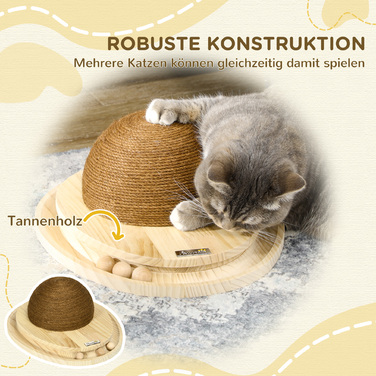 PawHut Interactive Cat Toy 2-in-1 Scratching Post with Scratching Board and Ball Track made of Jute and Pine Wood in Natural and Coffee 39.5x32.5x14.5 cm