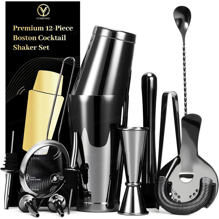 Набір шейкерів для коктейлів YXT&BEYOND Premium, 12 шт., нержавіюча сталь 304, чорний, для дому та барів, з подарунковою коробкою