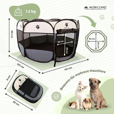 Mobiclinic® Pets: Вольєр для цуценят, розкладний, 114x114x58 см, Scooby, 2 входи, 8 вікон, сірий