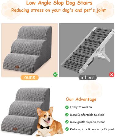 Сходинки для собак 3 сходинки, антиковзкі, сірого кольору. Підходять для маленьких собак, знімний та миючий чохол, 41 см заввишки