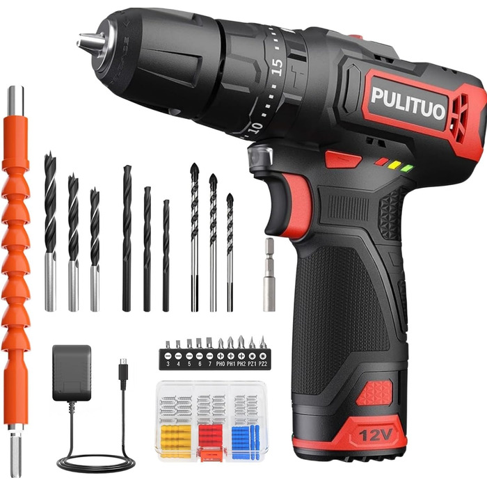 Акумуляторний ударний дриль-шуруповерт PULITUO 12V, комплект, металевий патрон 3/8', 21+1+1 ступенів моменту, LED-ліхтар, 35 Нм, 1300 mAh, бездротовий дриль