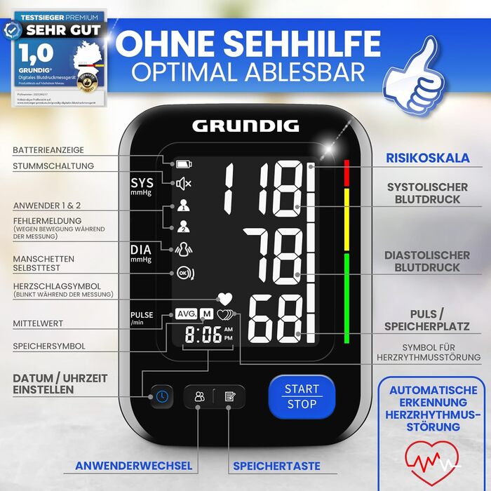 Тонометр GRUNDIG для вимірювання артеріального тиску на плечі - високоточний, простий у використанні, з визначенням аритмії та оцінкою ризику, контроль положення манжети (без батарей)
