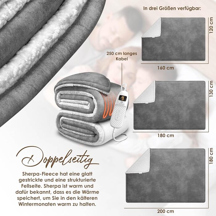 Електрична гріюча ковдра KESSER® 180x130 см з автовимкненням | 9 температурних режимів | Зручна ковдра на ліжко та диван | Можливість прання до 40°C | Сіра | з таймером та цифровим дисплеєм