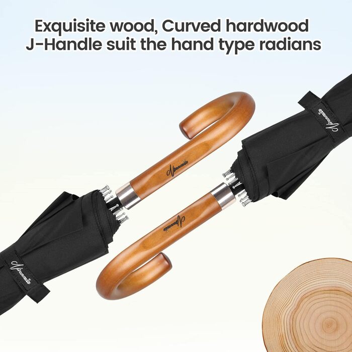 NINEMAX Large Windproof Umbrella - Wooden Handle Stick Umbrella for Men & Women - 16 Ribs Automatic Open - Double Layer Black