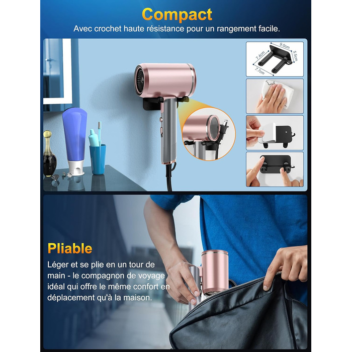 Професійний фен 2400W з іонізацією, складний, для подорожей, з насадкою-дифузором та терморегулятором (сірий/рожевий)