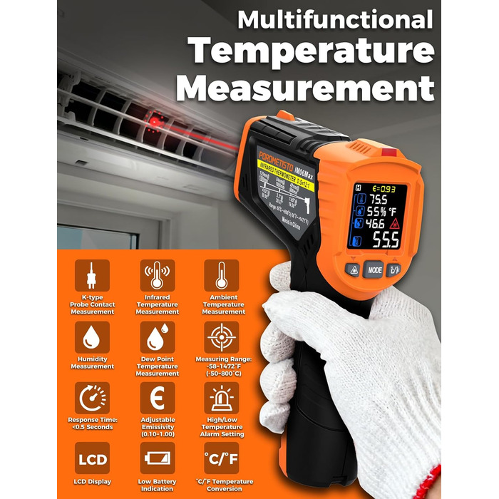 Інфрачервоний термометр лазерний IM06MAX з K-типом зонда (-50°C до 800°C) для промисловості, HVAC, приготування їжі та ремонту авто