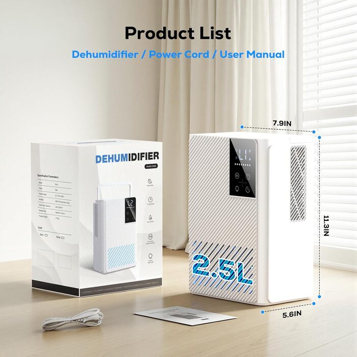 Електричний осушувач повітря, тихий, 2500 мл з LED дисплеєм, таймером та авторозморожуванням. Ідеально для дому, спальні, ванної кімнати