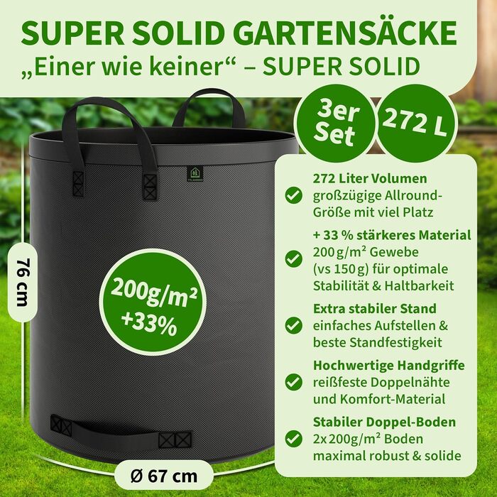 TTL Garden Набір садових мішків 3x272 л, супер міцні, сіра тканина, подвійне дно, 2x200 г/м², самостійно стоять, 4 ручки, для трави, листя, гілок та садового сміття