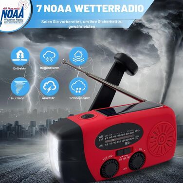 Сонячна радіостанція з ручним заводом 2000mAh, AM/FM/NOAA, USB-зарядка, заряд для телефону, SOS-сигнал, LED-ліхтарик для кемпінгу та походів (Червоний)