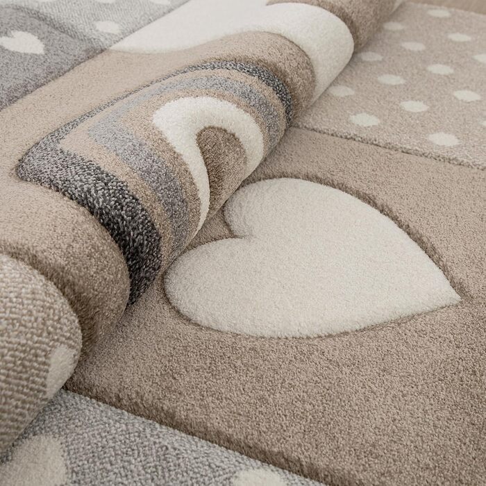 Paco Home Rug Kids' Room Rug Boy Girl Pastel 3D Effect Modern Rainbow Heart Beige Cream Gray, Size: 80x150 cm