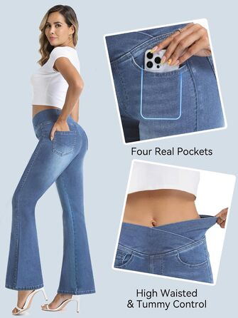 Джинси жіночі Bootcut з високою талією VX VONXURY, темно-сині, еластичні, 4 кишені, для повсякденного носіння та офісу (довжина штанини 79 см, розмір XL)