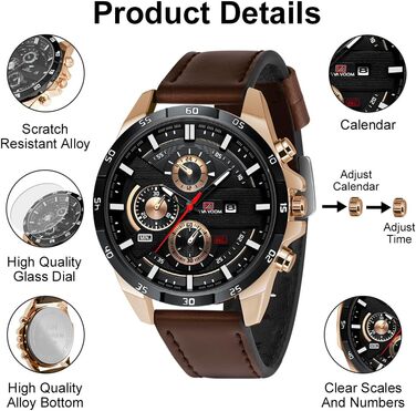 Годинник чоловічий OFF CUP, аналоговий кварцовий хронограф з датою, коричневий ремінець зі шкіри, класичний елегантний дизайн, ідеальний подарунок для чоловіків