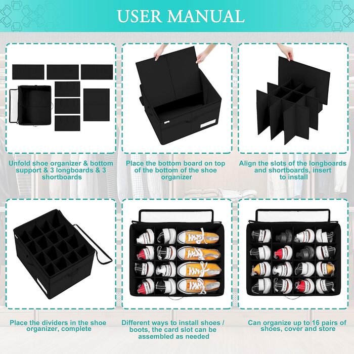Shoe Organizer for Closet, Fits 16 Pairs, Large Shoe Cabinet, Shoe Box with Transparent Lid, Sturdy Storage Box for Shoe Storage, Space-Saving Shoe Rack with Handles, Black